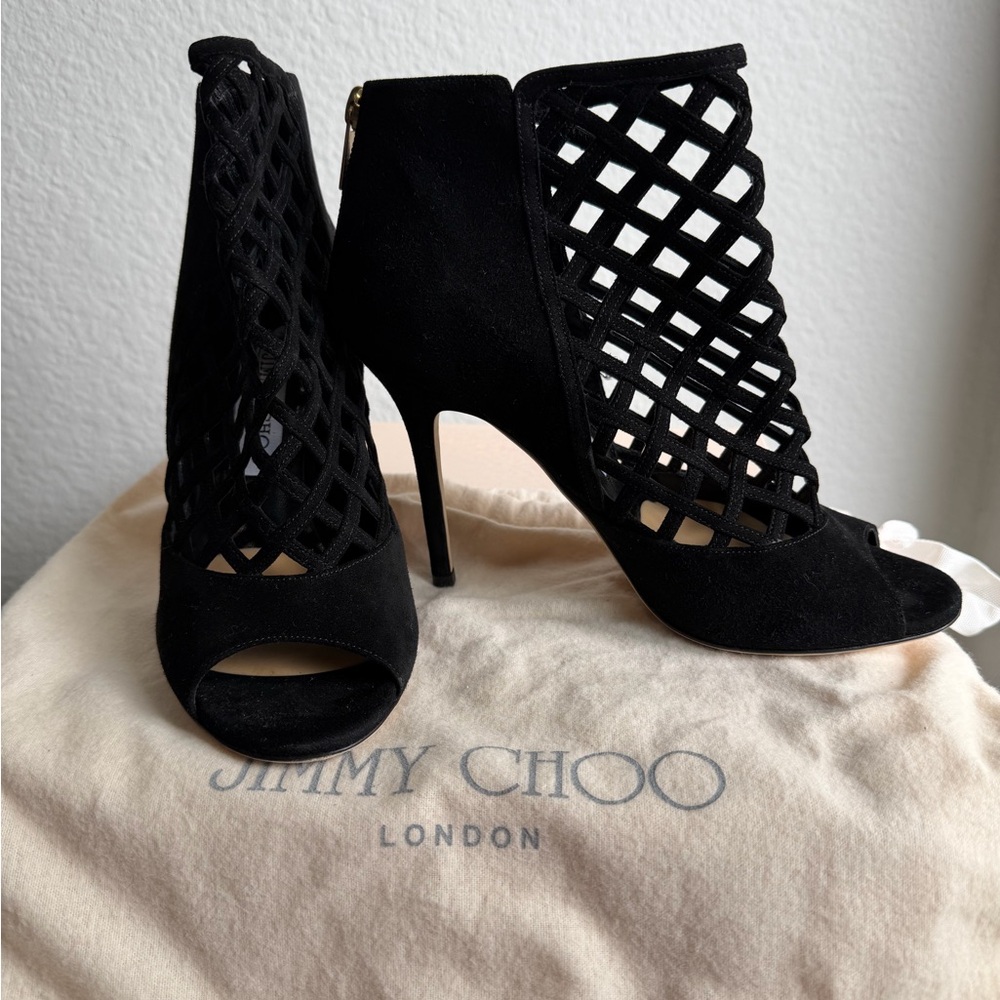 AUTHENTIC Jimmy Choo 100 mm Black Suede Sandal Bootie size 38 EU w/box & dustbag